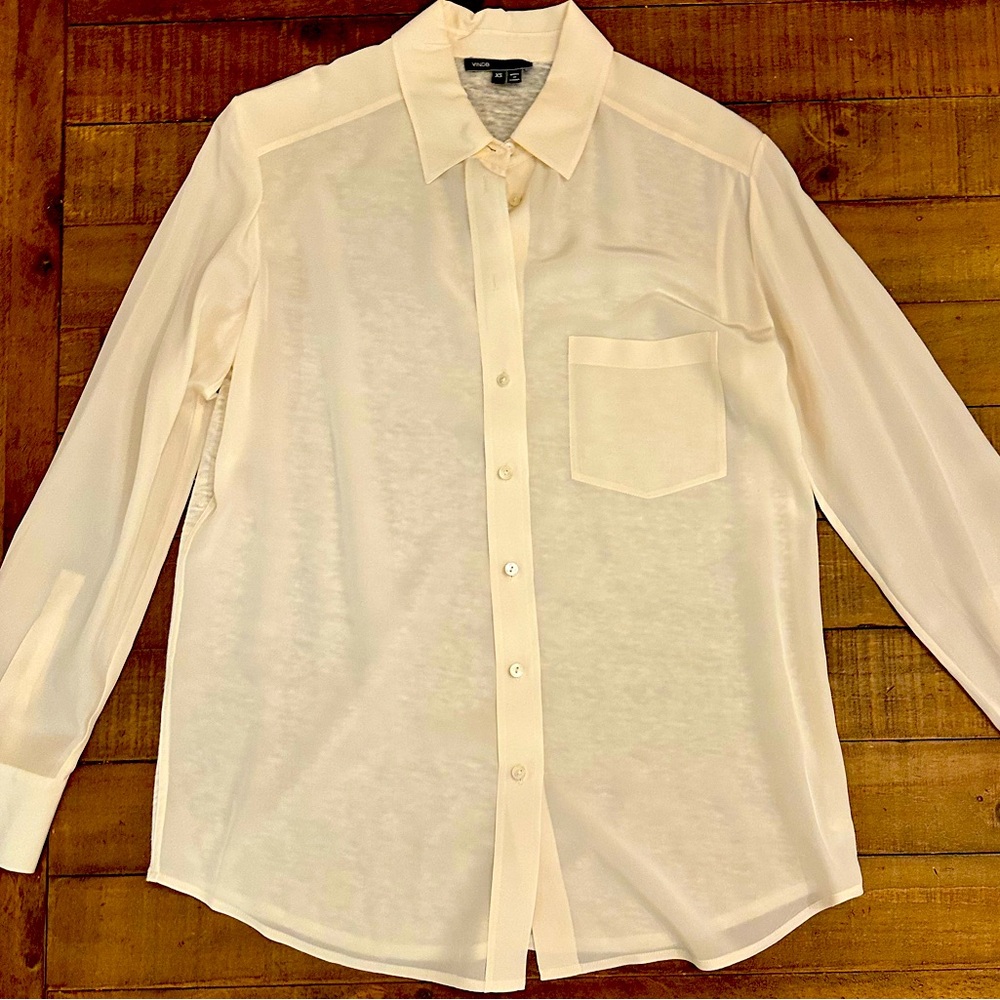 VINCE  Cream Off White 100% Silk Long Sleeve Blouse Women's Top Size XS